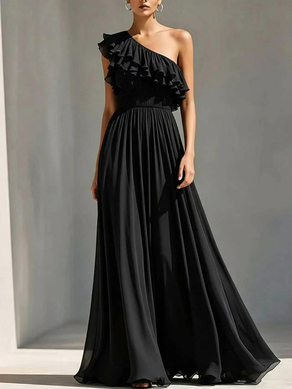 Chiffon One Shoulder Pleated Maxi Dress