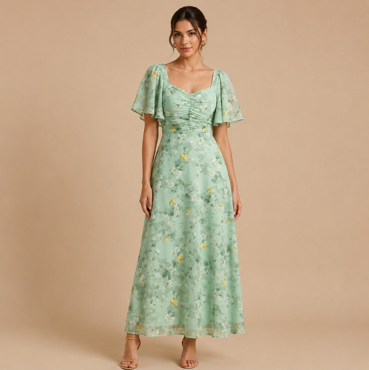 Chiffon Sweetheart Ruched Maxi Dress