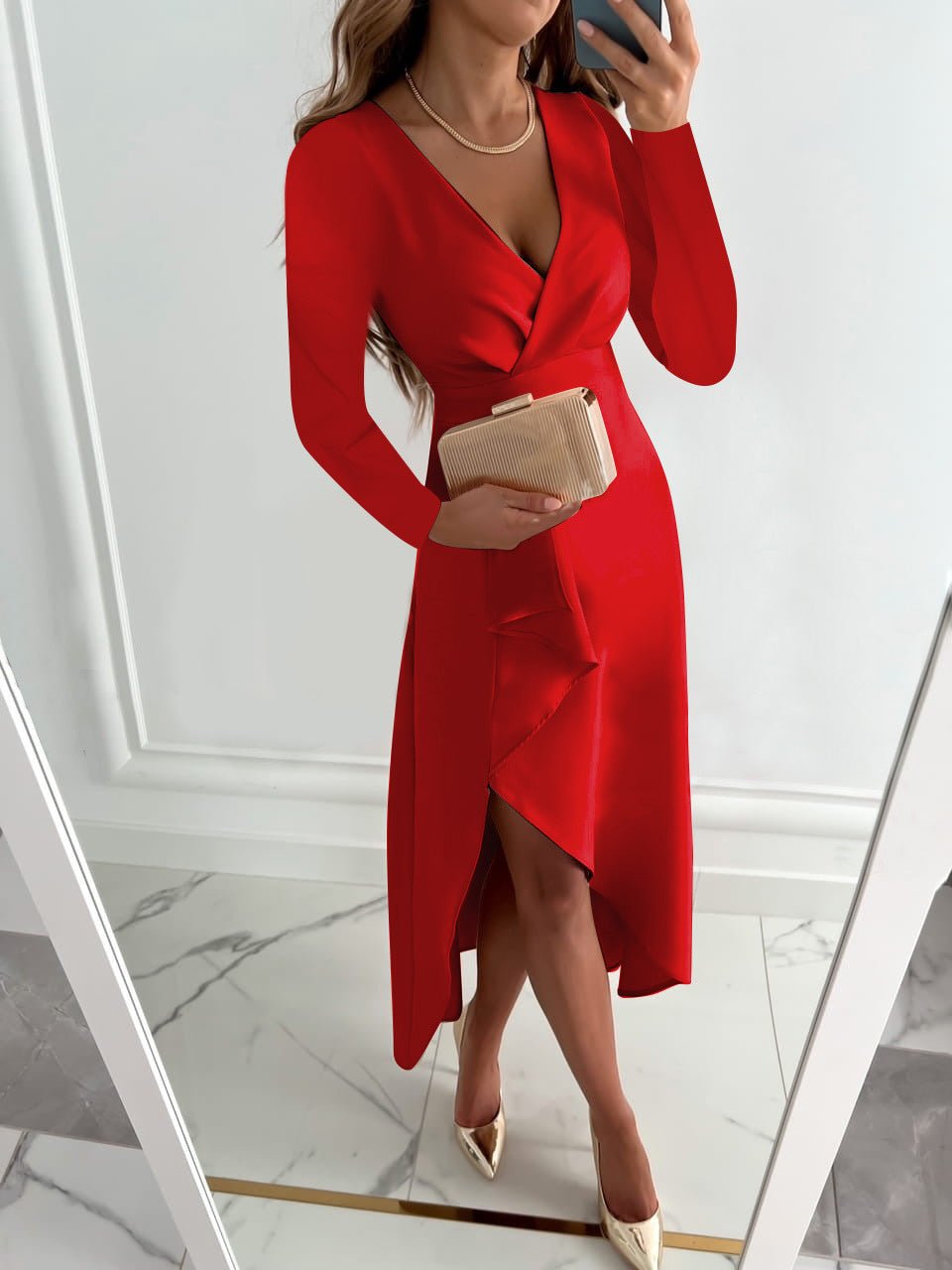Red - Light beige long-sleeve crepe midi dress featuring a surplice V-neckline, banded waist, and an asymmetric high-low hemline.