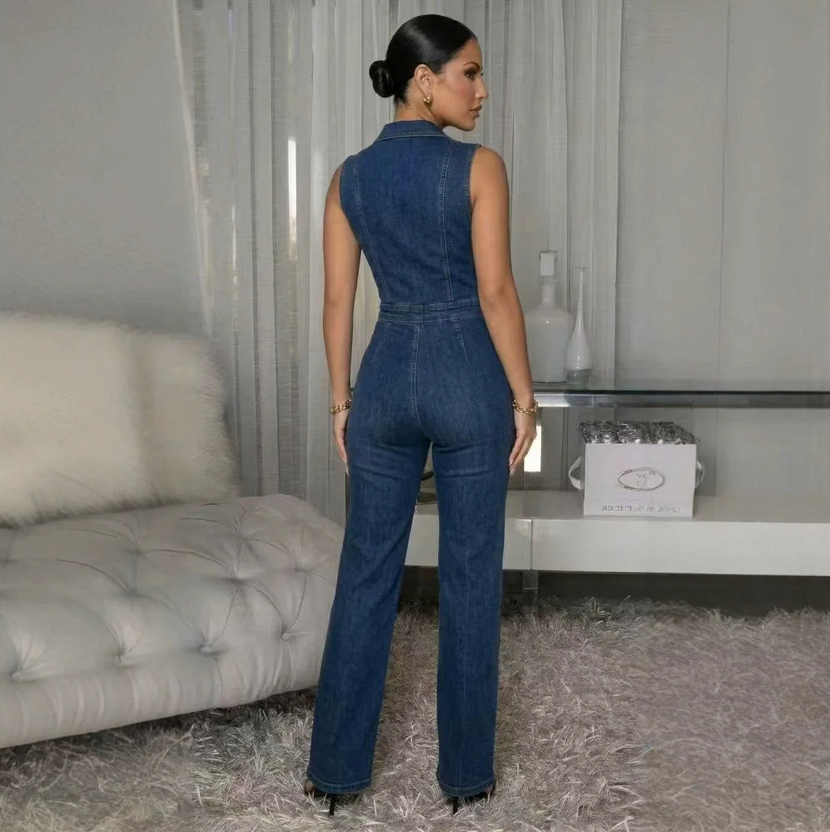 Denim Collared Sleeveless Zip Jumpsuit