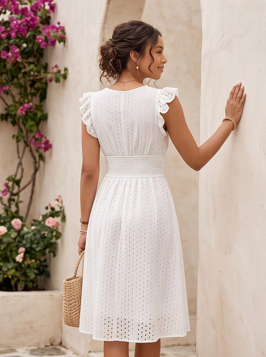 Eyelet Cap Sleeve Midi Dress
