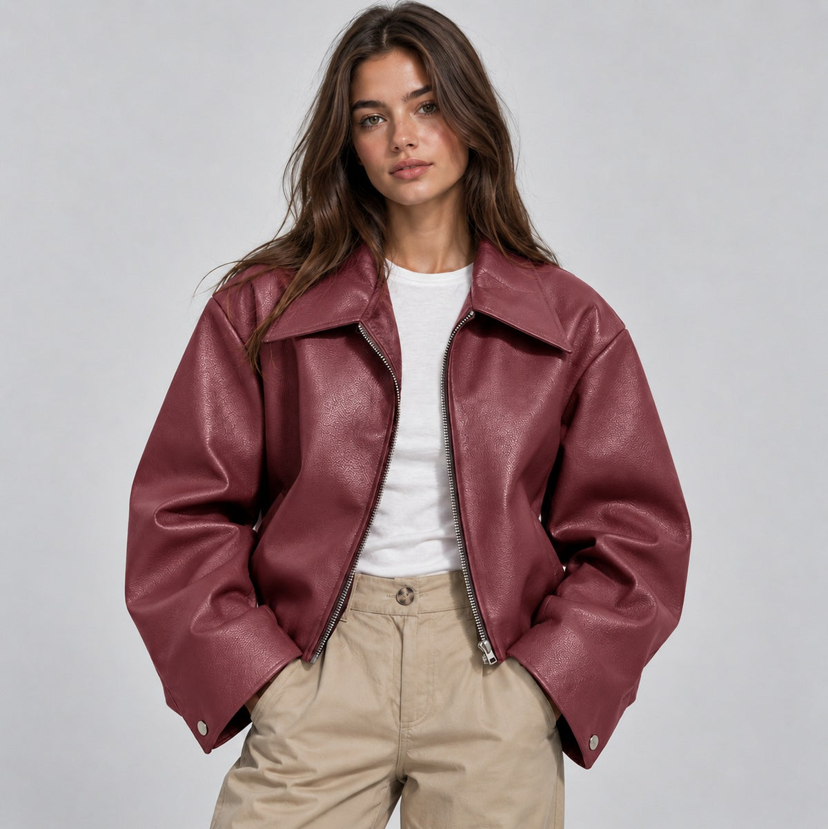 Faux Leather Oversized Bomber Jacket