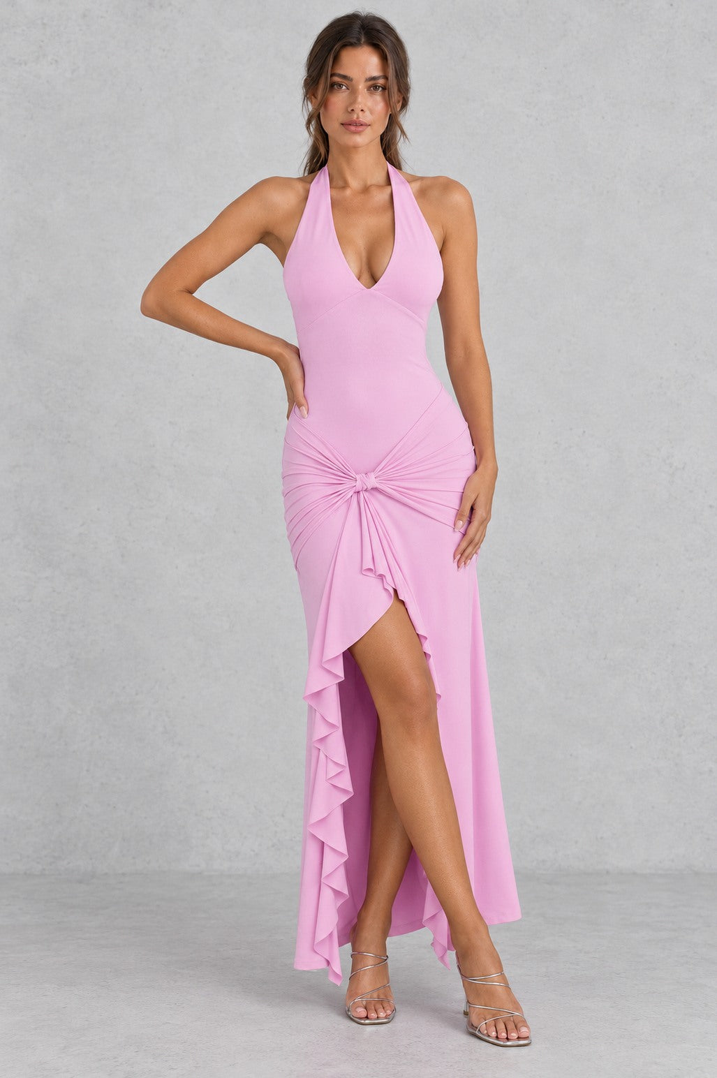 Fitted Halter Ruffle Maxi Dress