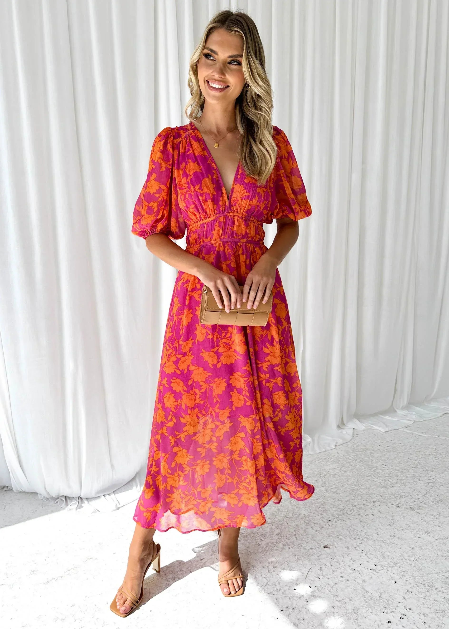 Floral Chiffon Smocked Puff Sleeve Midi Dress