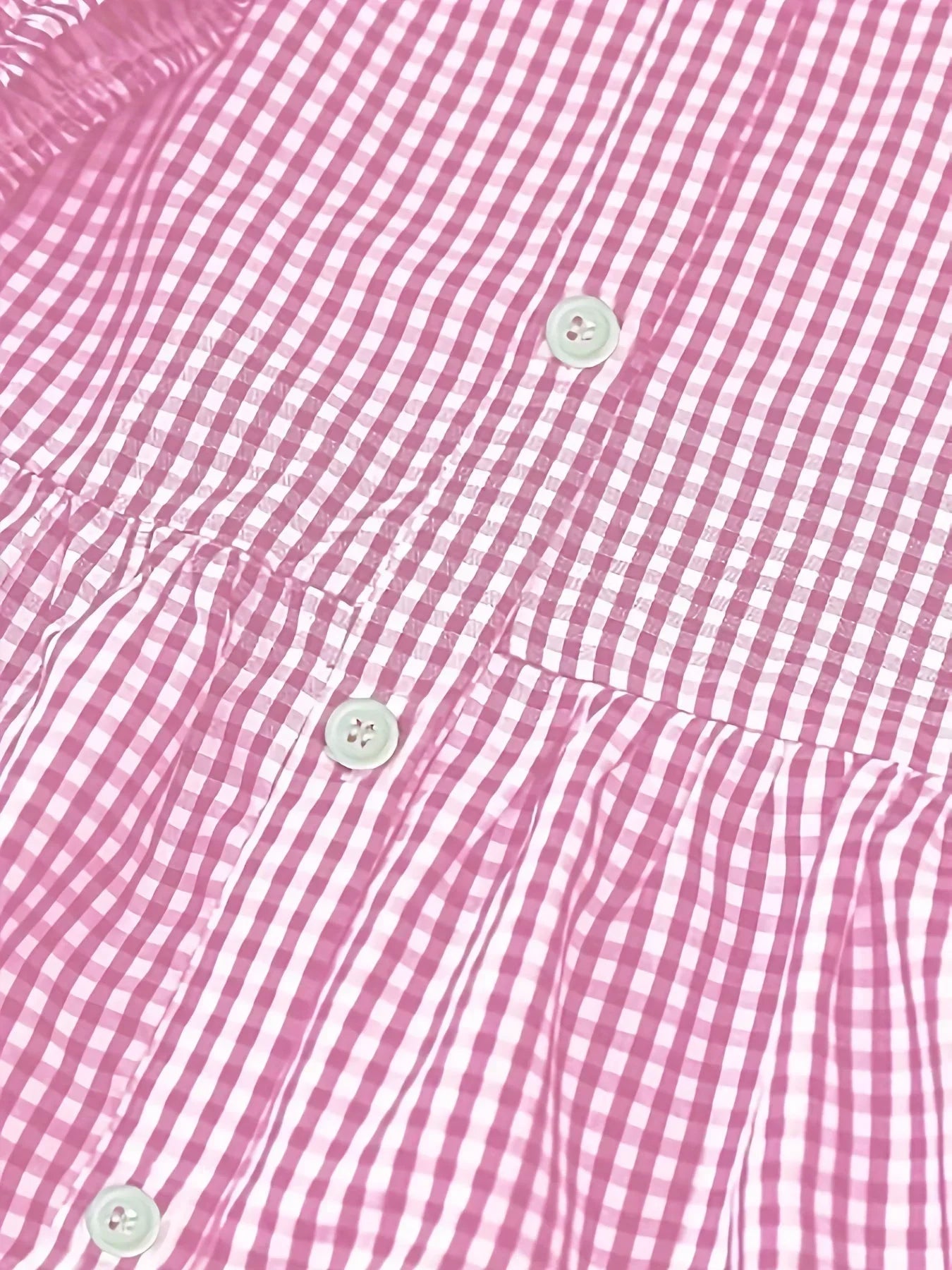 Blue - Pink and white gingham tiered mini dress featuring a collared v-neckline, button-front bodice, and three-quarter sleeves.