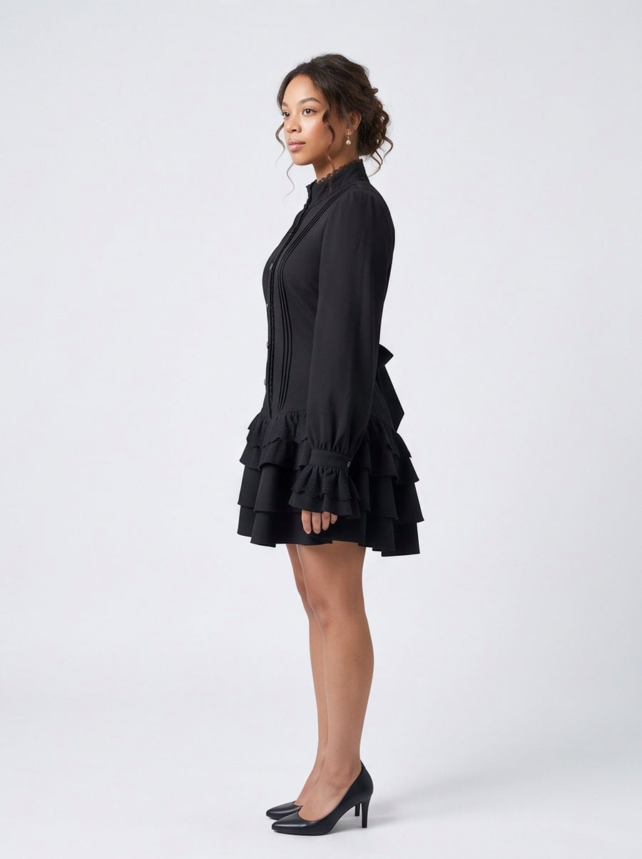 Long Sleeve High Neck Tiered Mini Dress