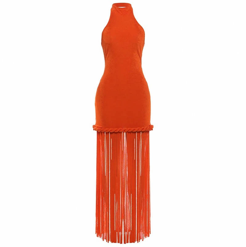 Halter Fringe Braided Maxi Dress