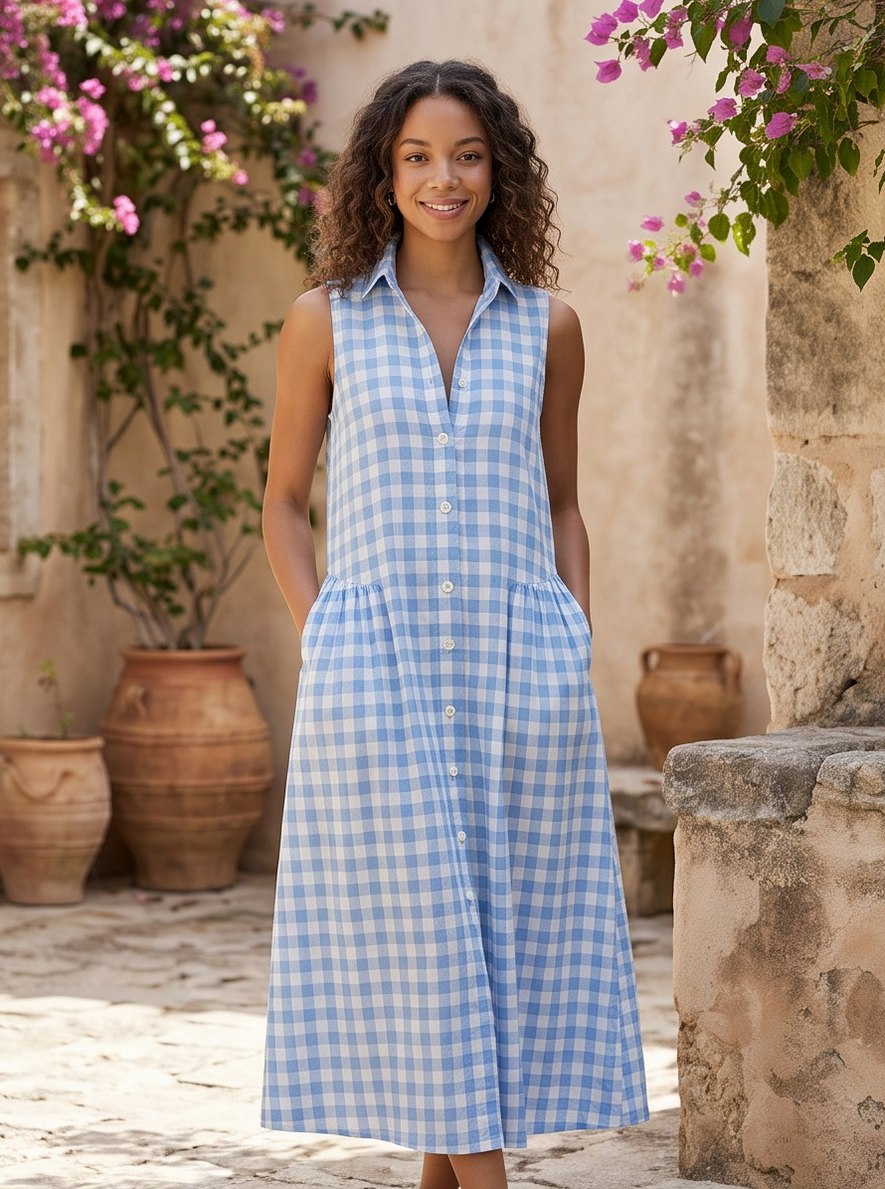 Poplin Gingham Sleeveless Button Front Tiered Midi Sundress