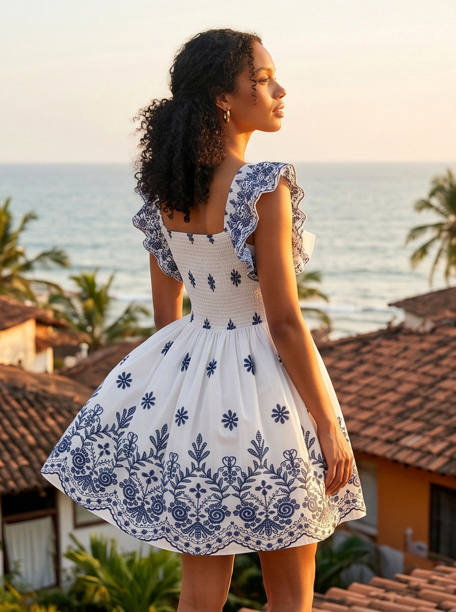 Embroidered Tie Front Mini Dress