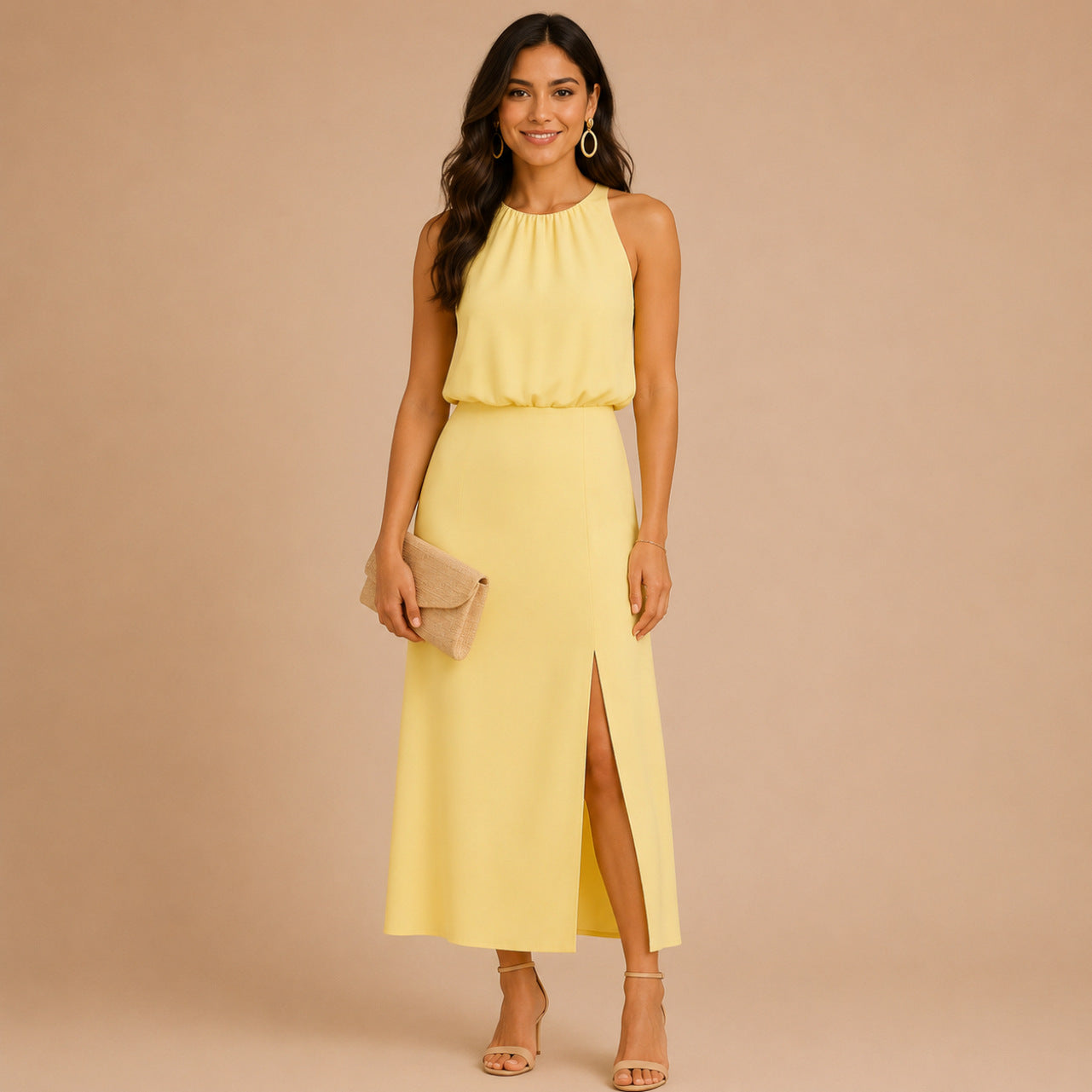 Halter Ruched Slit Midi Dress