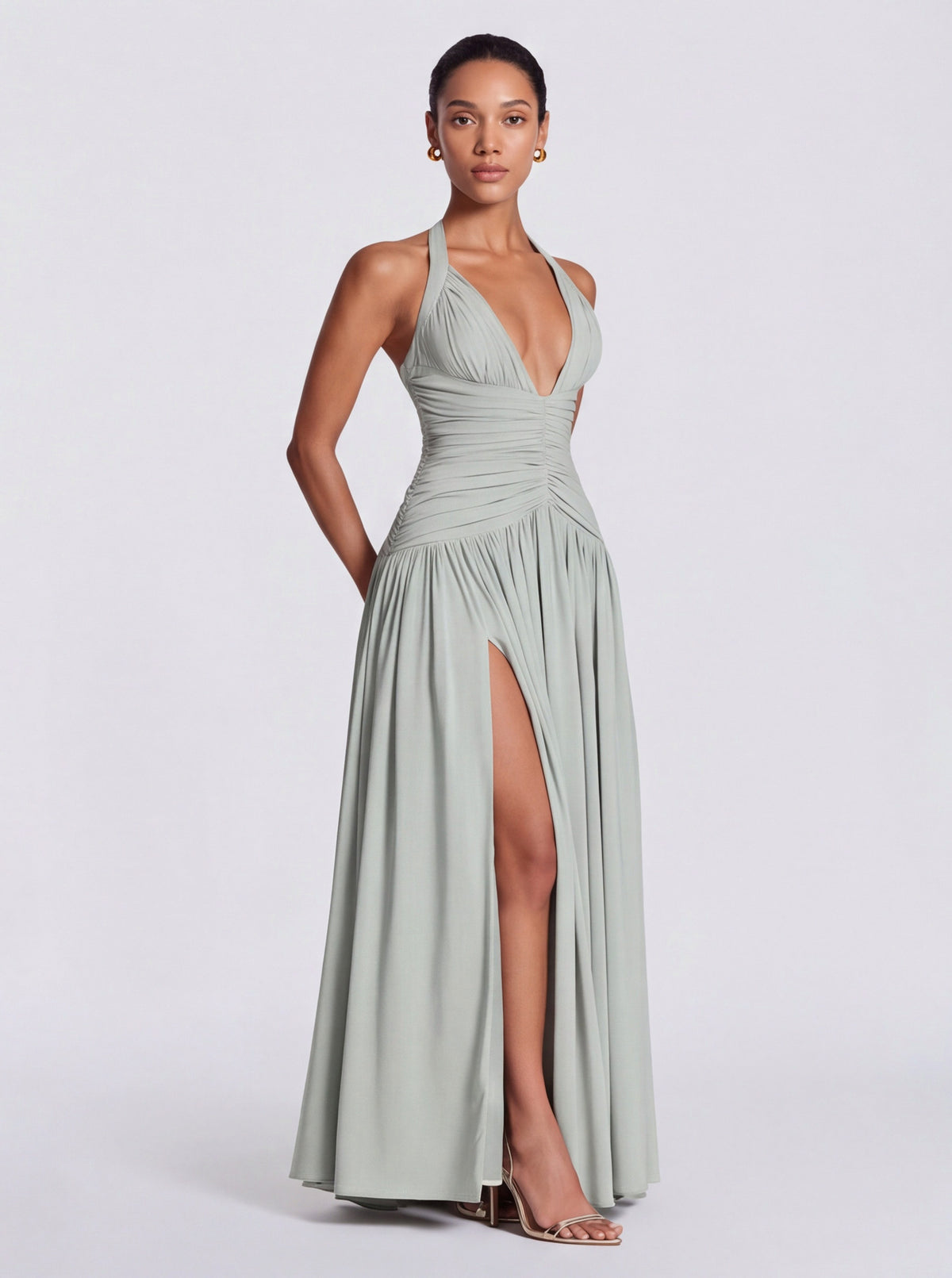 Jersey Halter Ruched Maxi Dress