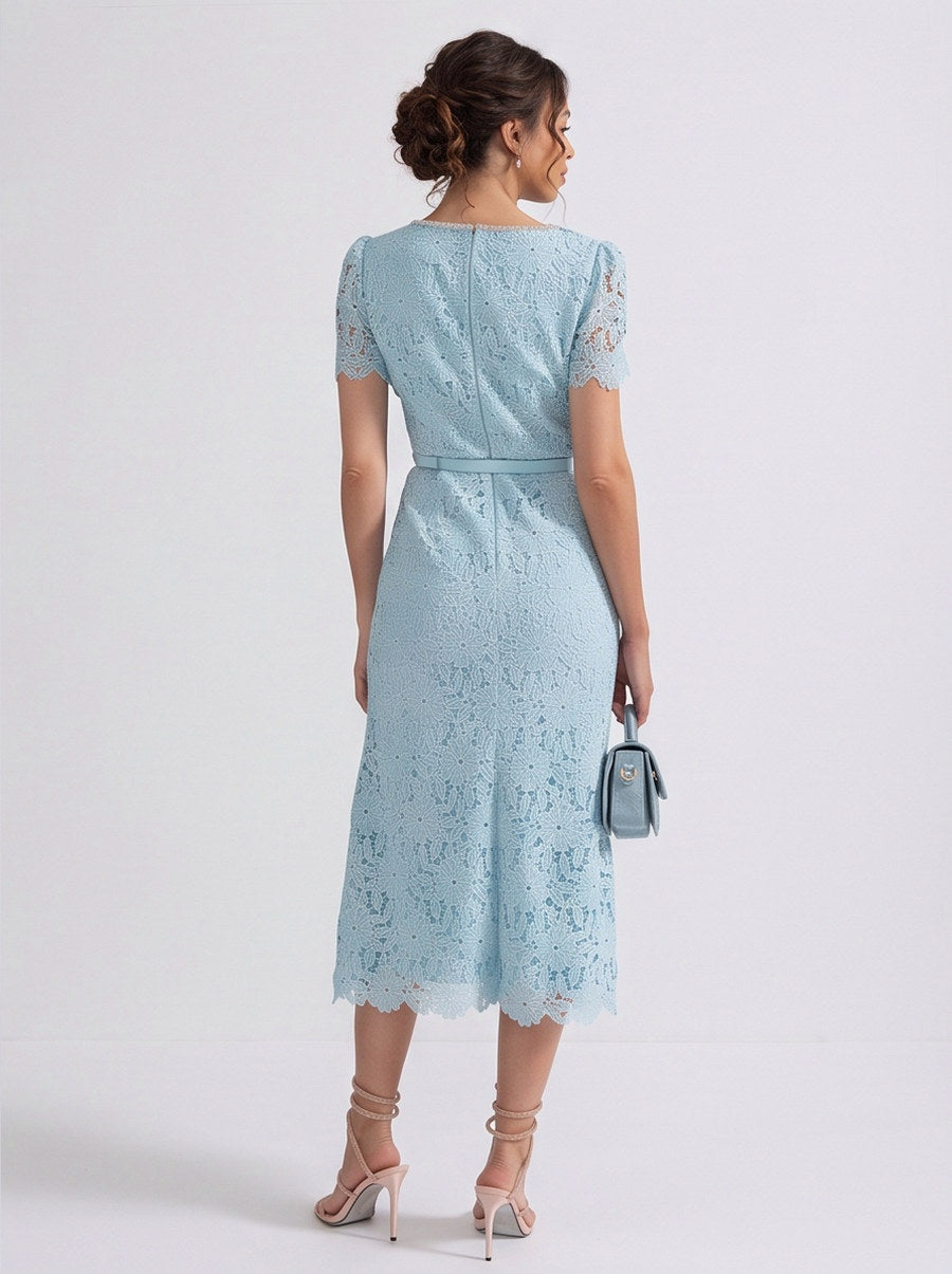 Lace Square Neck Belted Midi Dress