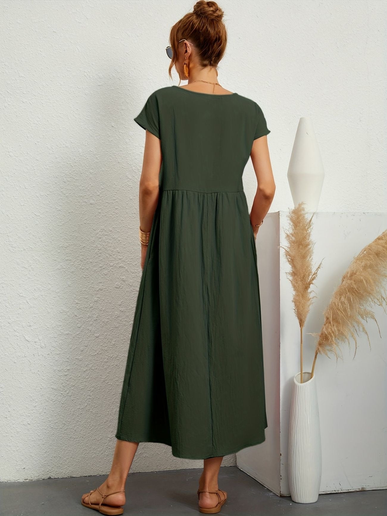 Blue - Dark olive green linen-texture midi dress featuring a round neckline, cap sleeves, gathered empire waist, and side seam pockets.