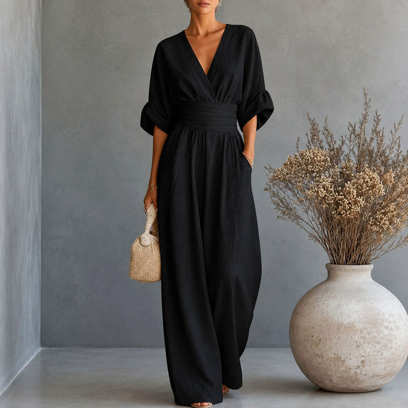 Linen Wrap Ruched Wide Leg Jumpsuit