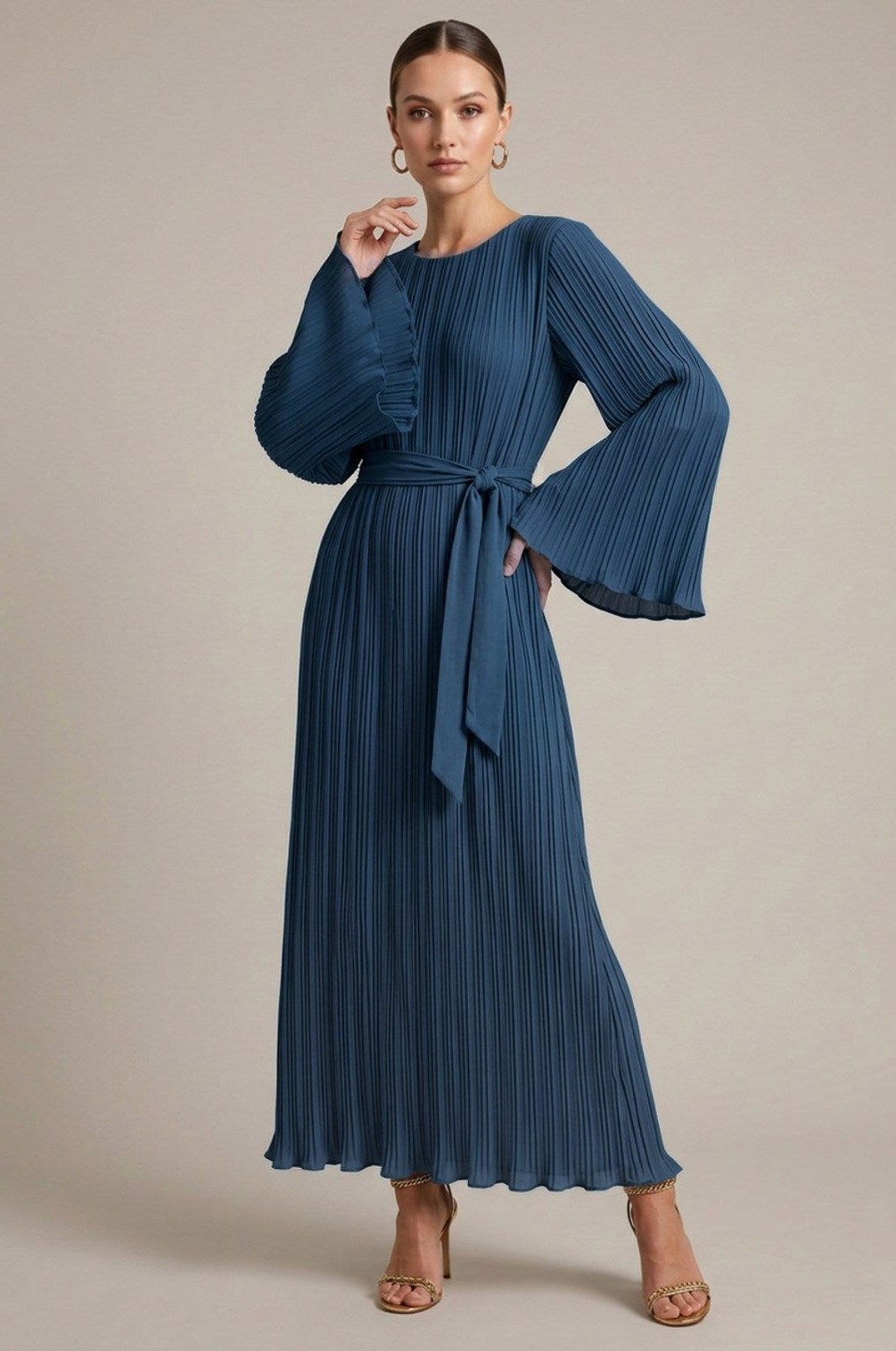 Long Sleeve Pleated Tie Waist Modest Maxi Dress
