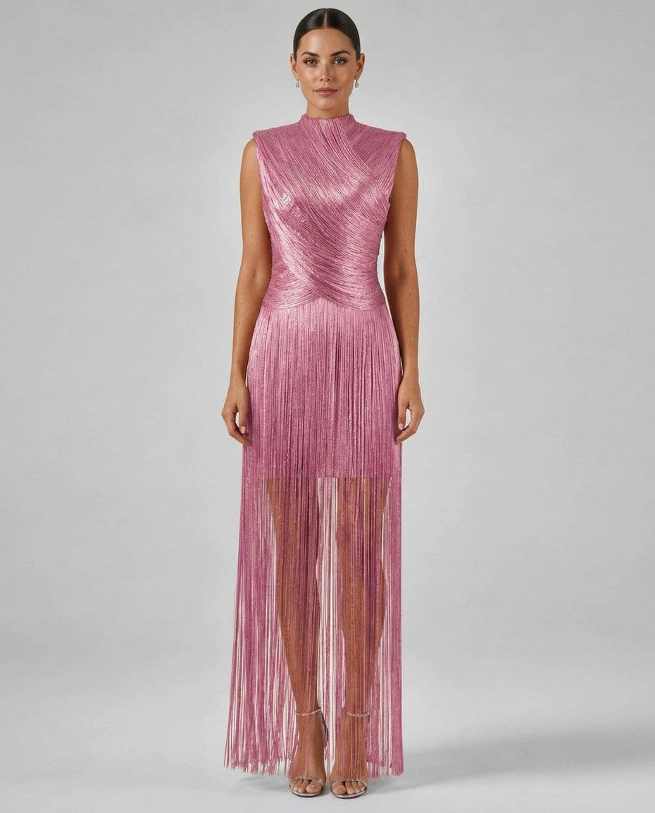 Mock Neck Fringe Maxi Dress