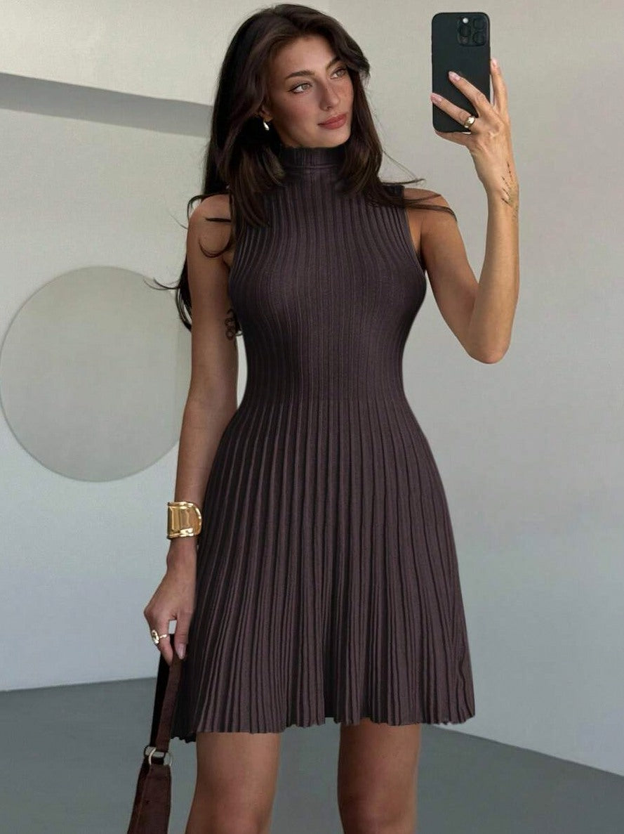 Mock Neck Ribbed Pleated Mini Dress