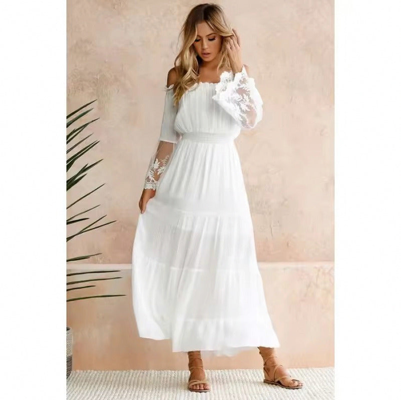 Off Shoulder Lace Trim Maxi Dress