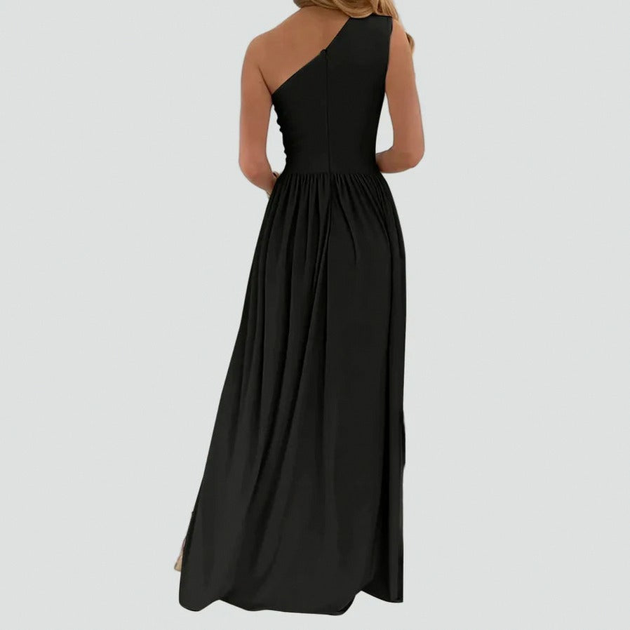 One Shoulder Cutout Pleated Maxi Dress