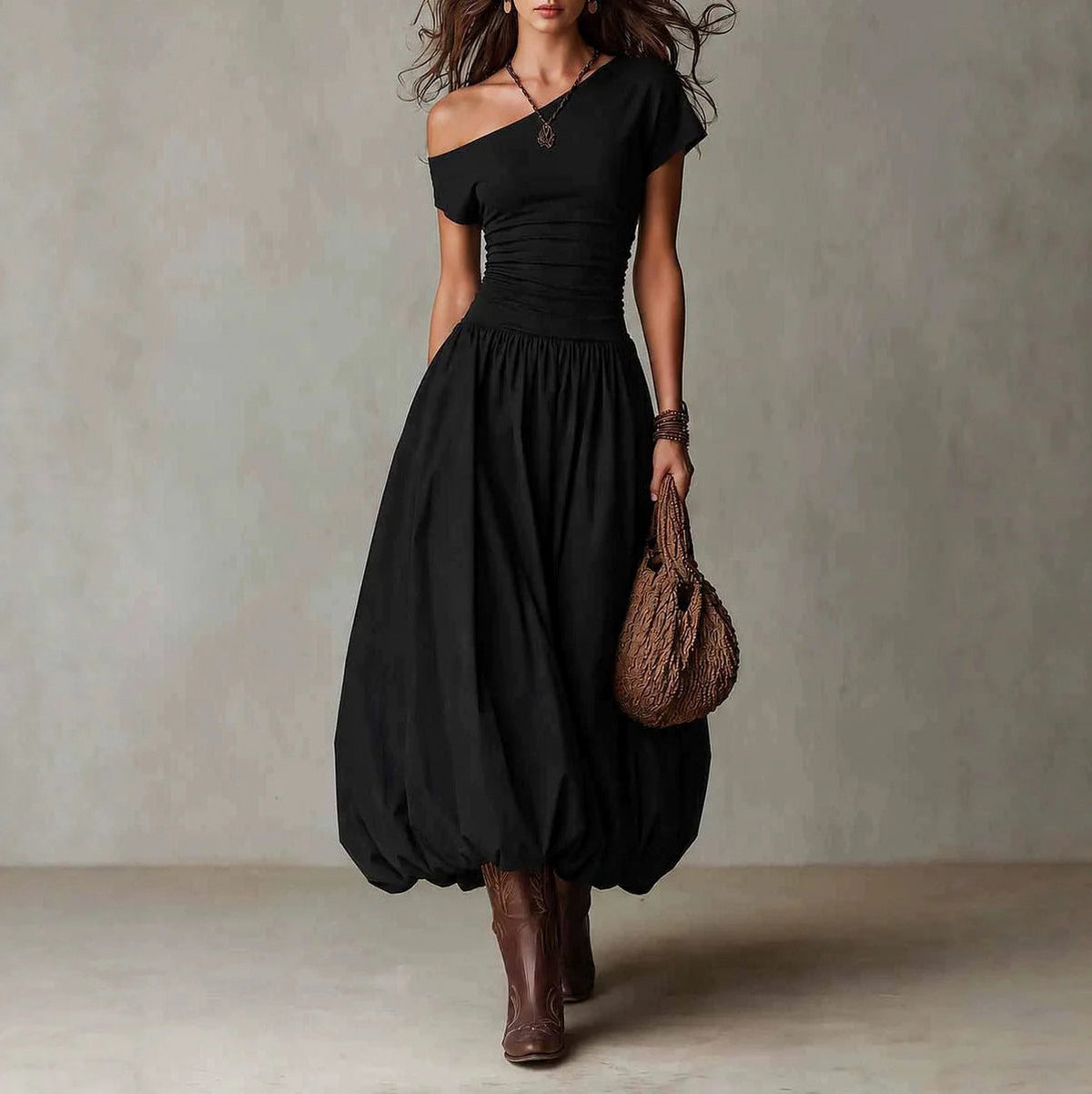 One Shoulder Drop Waist Bubble Maxi Dress