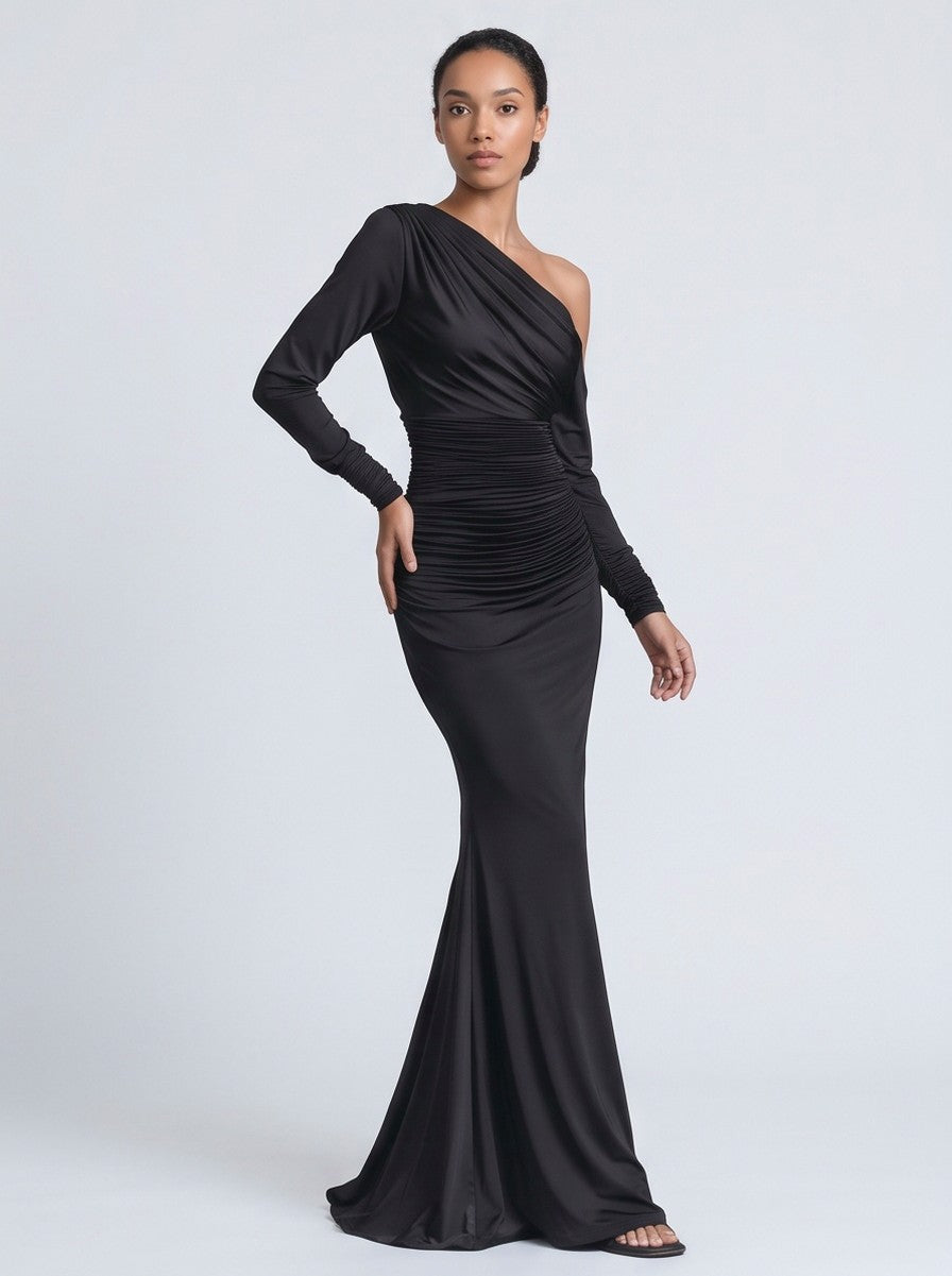 Long Sleeve One Shoulder Maxi Dress