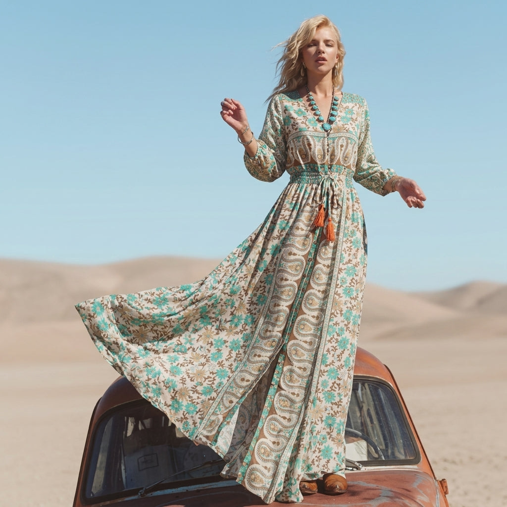 A woman stands in a desert wearing a long-sleeve, V-neck maxi dress with a green and cream paisley floral print, featuring a smocked waist, front slit, and brown leather cowboy boots.