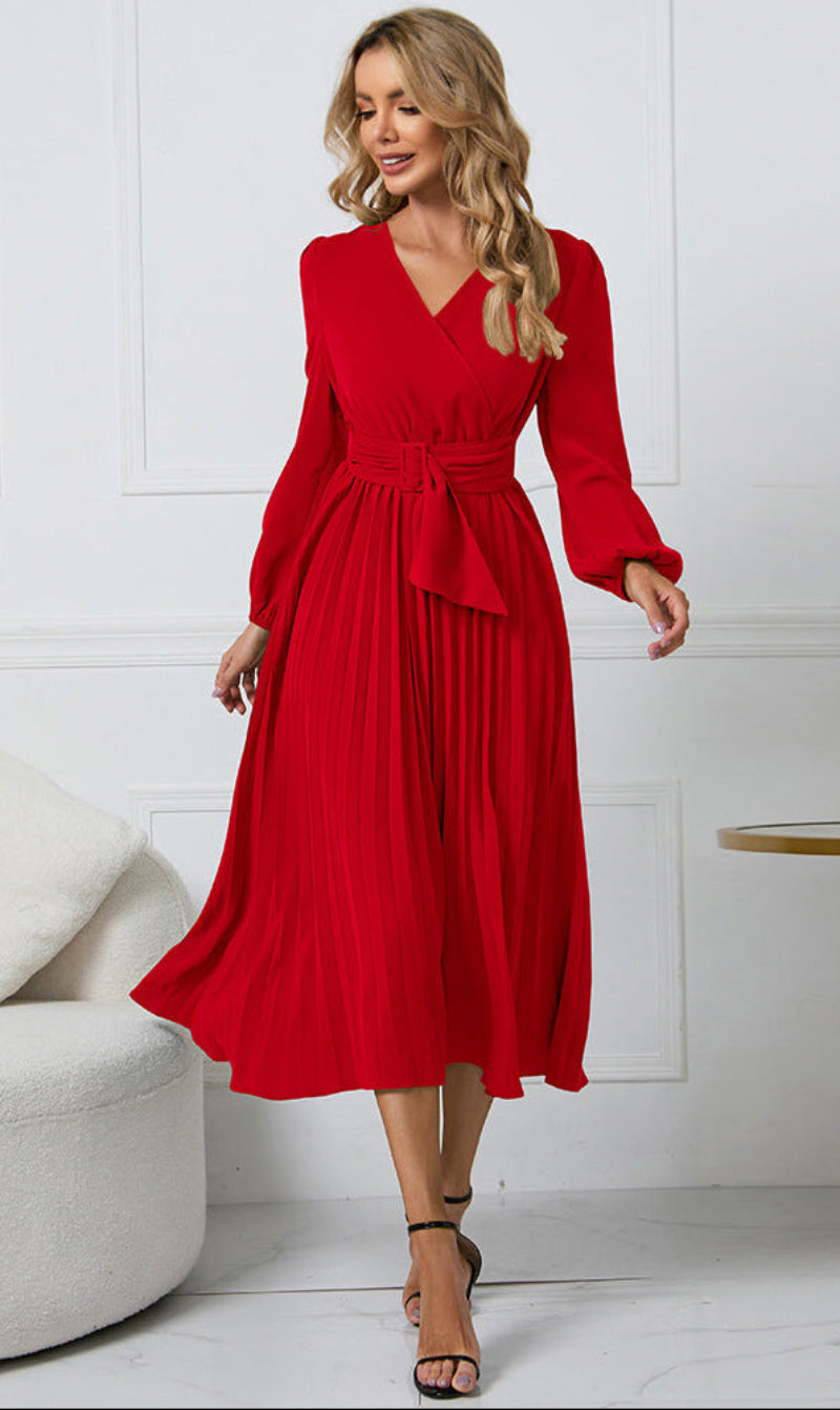 Red - Emerald green long-sleeve midi dress featuring a v-neckline, wide buckled waist belt, and an accordion pleated skirt.