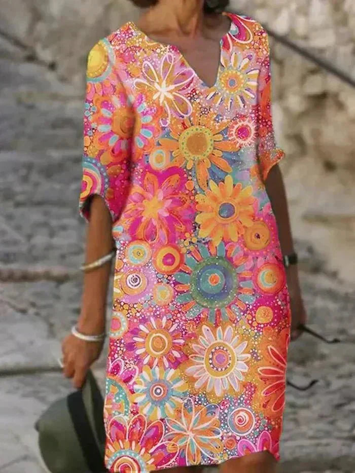 Pink - A woman wearing a vibrant retro floral print shift dress with a V-neckline and short sleeves, featuring a colorful yellow, orange, and green pattern.