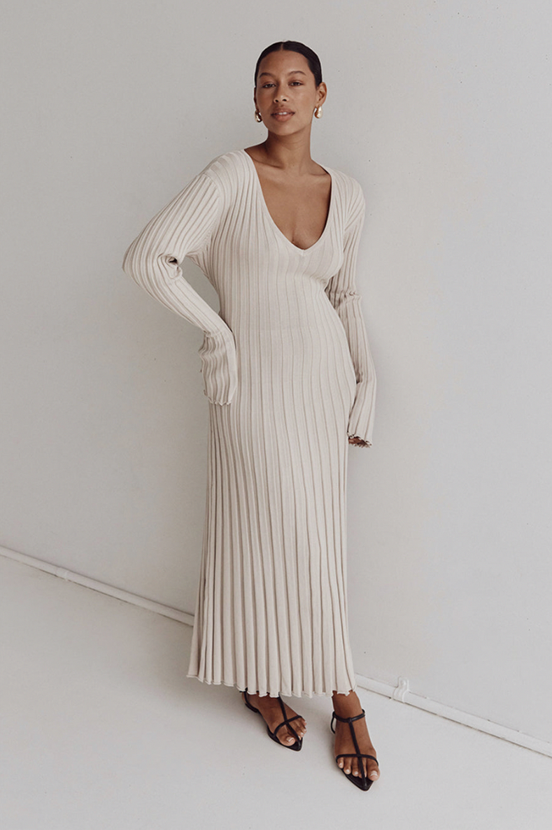 Ribbed Knit Long Sleeve Maxi Dress