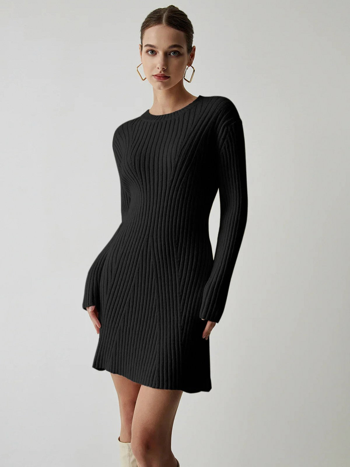 Ribbed Knit Long Sleeve Mini Sweater Dress