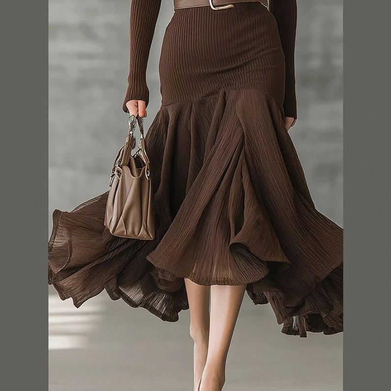 Ribbed Knit Pleated Wrap Midi Dress