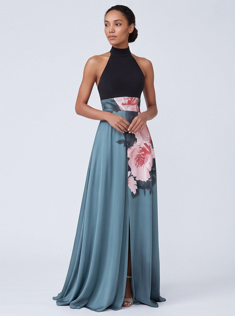 Satin High Neck Floral Maxi Dress