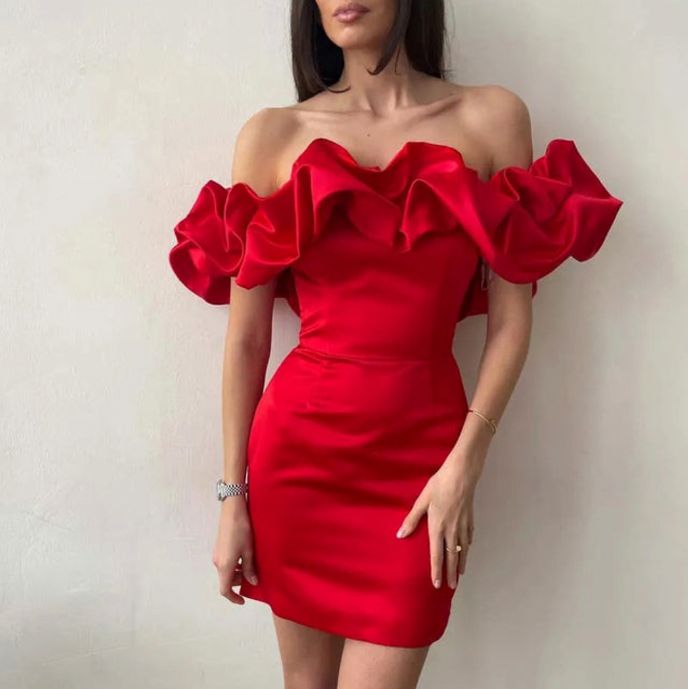 Satin Off Shoulder Puff Sleeve Fitted Mini Dress