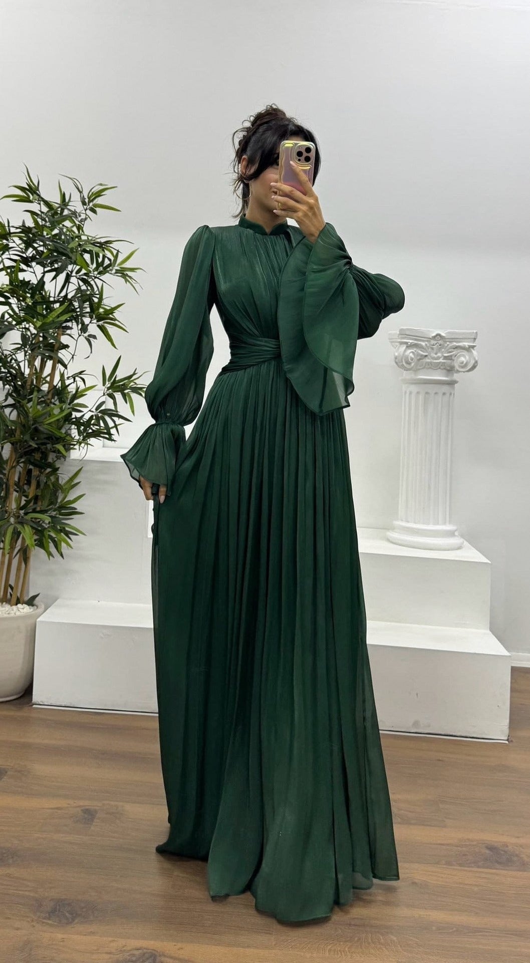 Satin Pleated Mock Neck Maxi Dress
