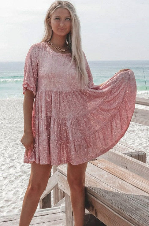 Sequin Babydoll Tiered Short Sleeve Mini Dress