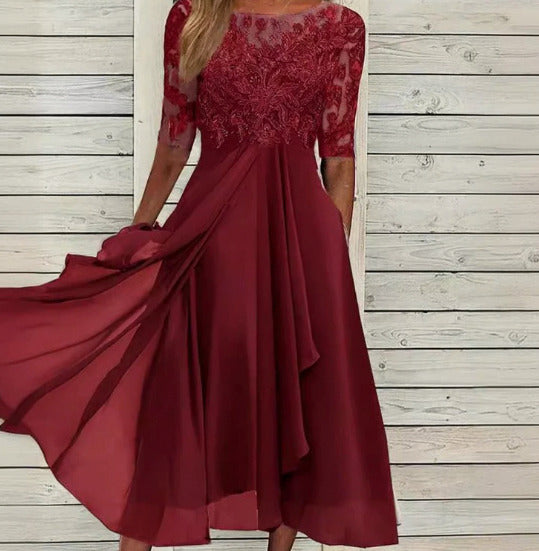 Sequin Embroidered Short Sleeve Draped Midi Dress