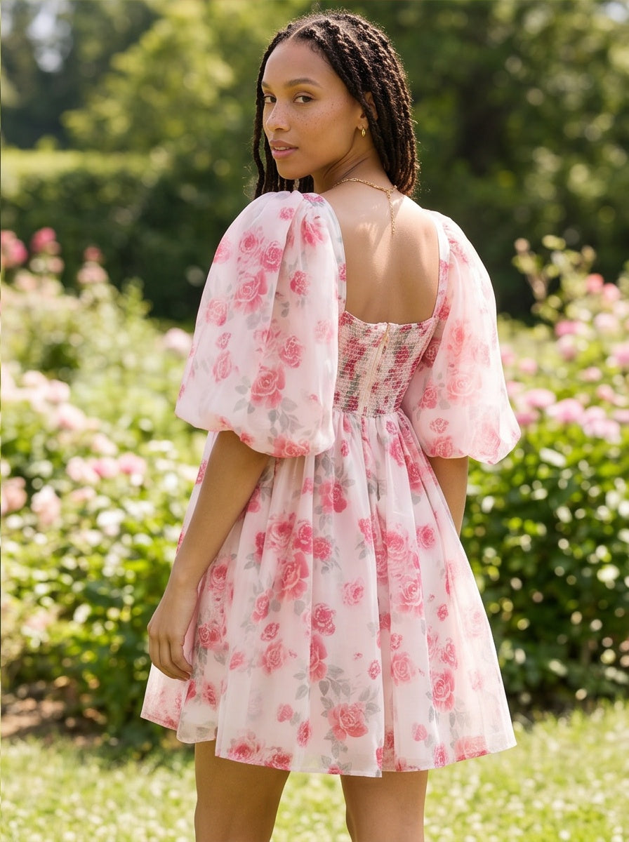 Floral Sweetheart Puff Sleeve Mini Dress