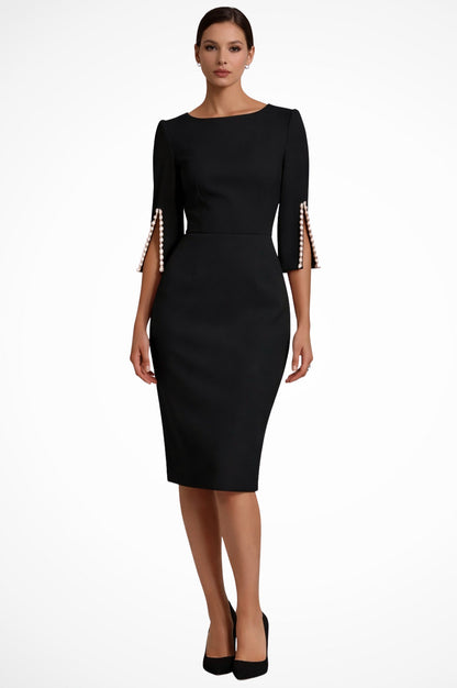 3/4 Sleeve Pearl Trim Midi Dress