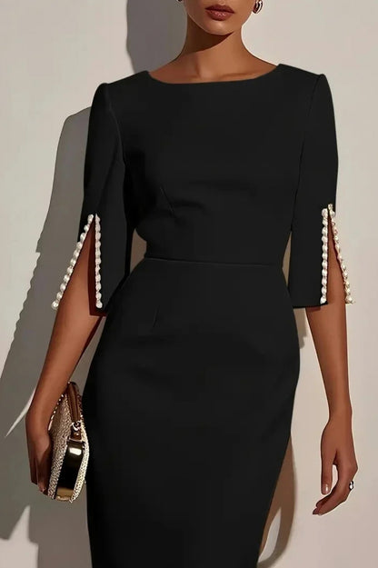 3/4 Sleeve Pearl Trim Midi Dress