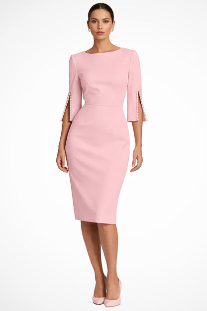 3/4 Sleeve Pearl Trim Midi Dress