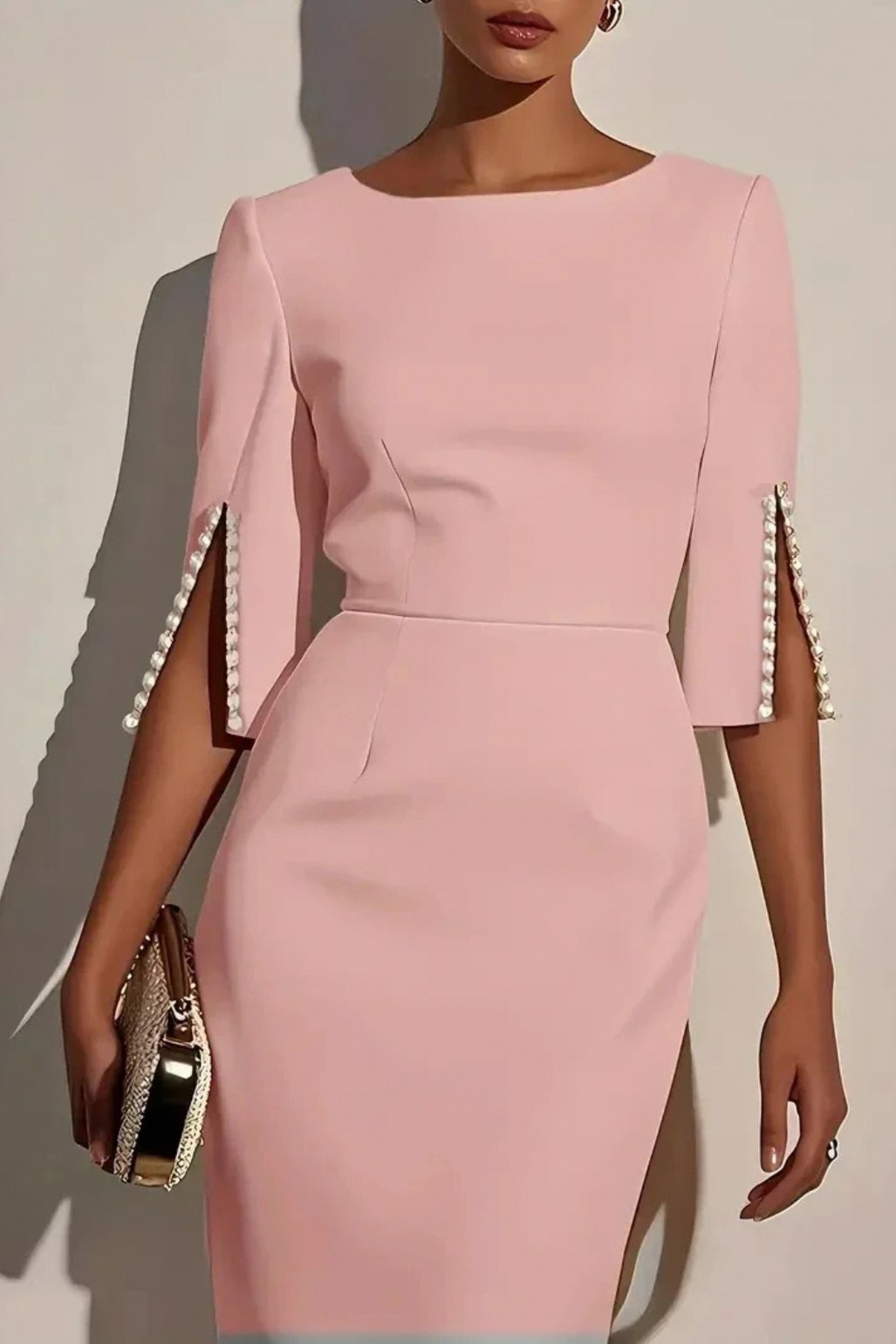 3/4 Sleeve Pearl Trim Midi Dress