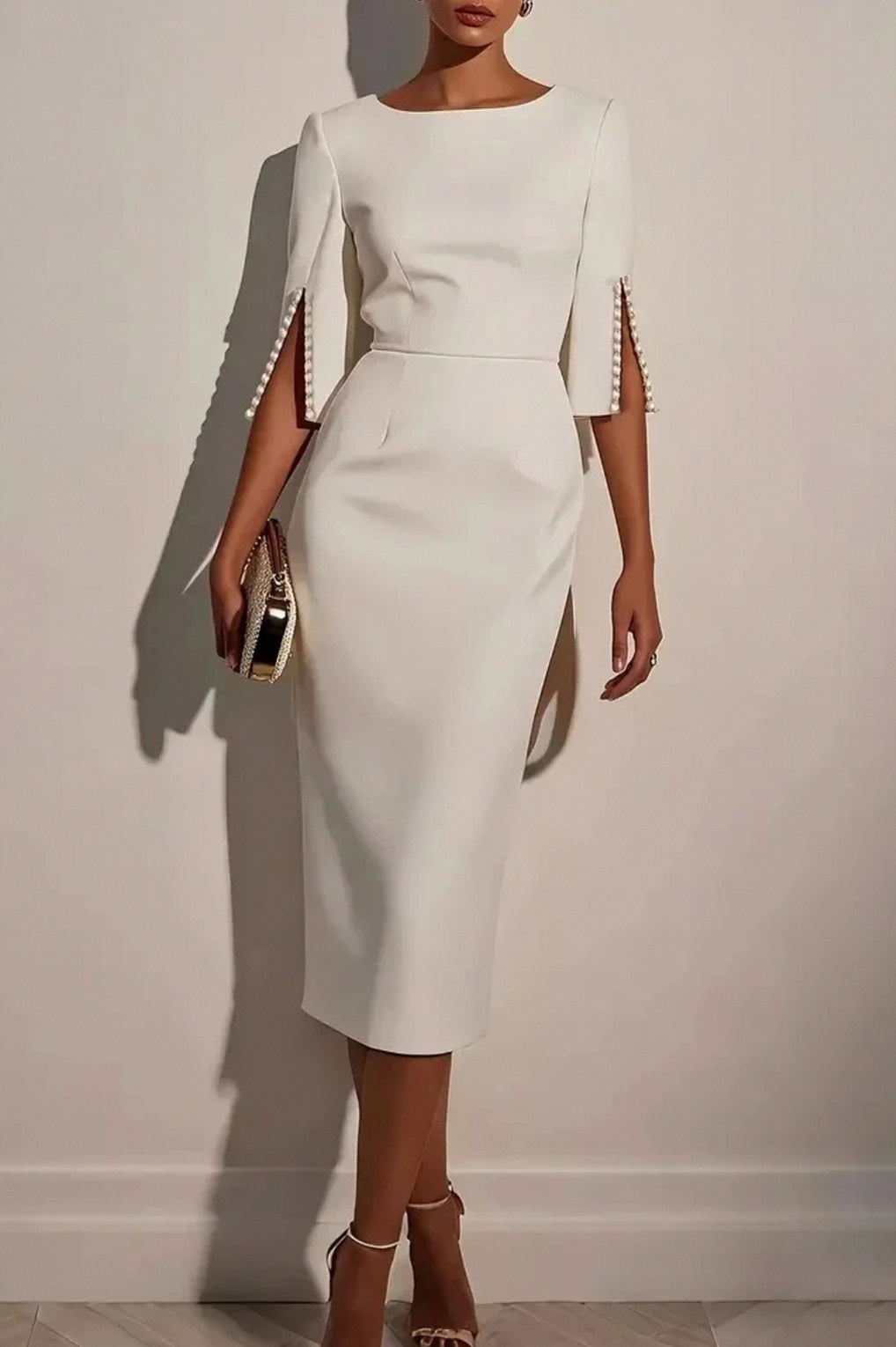 3/4 Sleeve Pearl Trim Midi Dress