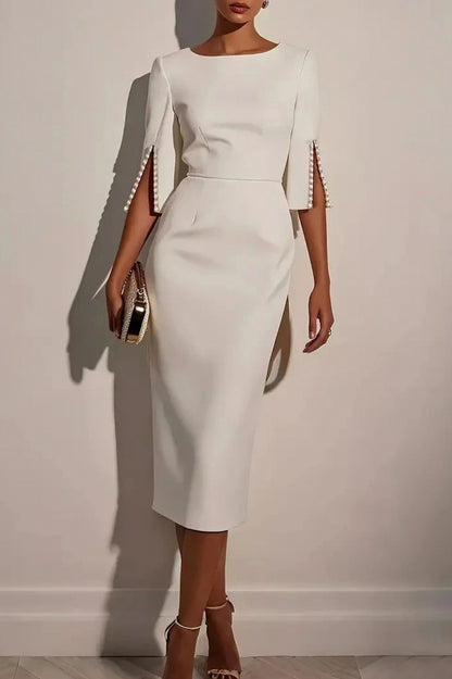 3/4 Sleeve Pearl Trim Midi Dress
