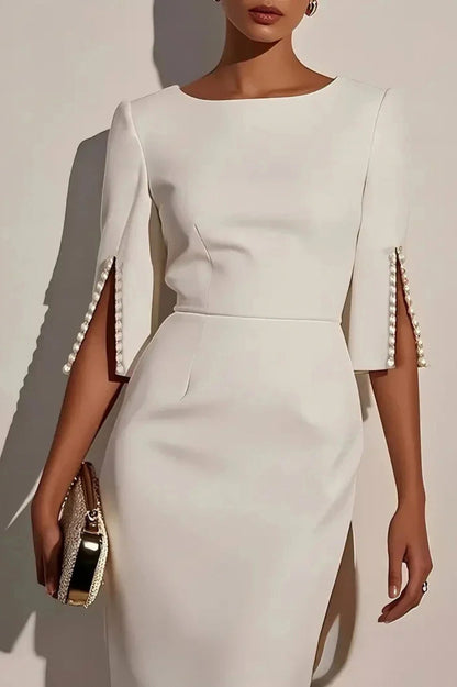 3/4 Sleeve Pearl Trim Midi Dress