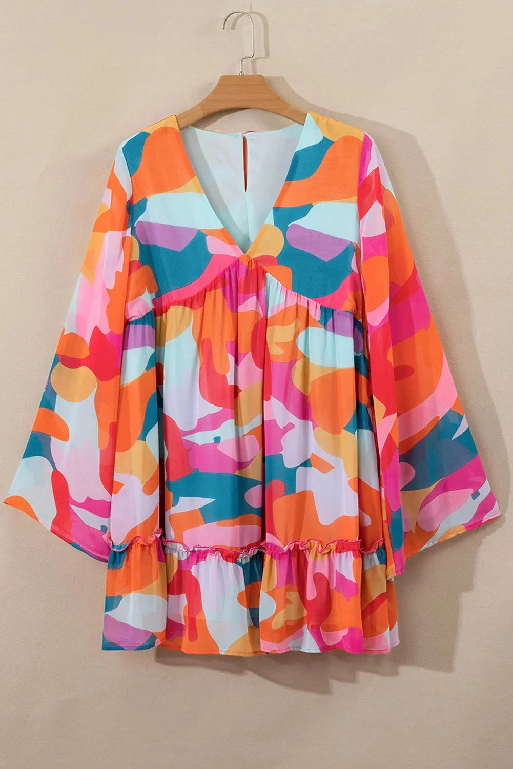 Orange - Women's abstract print chiffon mini dress featuring a V-neckline, long voluminous sleeves, and a tiered ruffled hem.