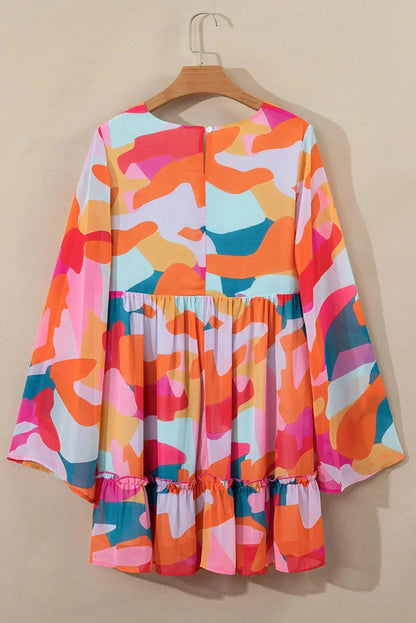 Orange - Women's abstract print chiffon mini dress featuring a V-neckline, long voluminous sleeves, and a tiered ruffled hem.
