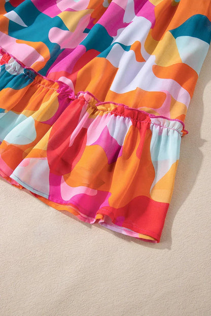 Orange - Women's abstract print chiffon mini dress featuring a V-neckline, long voluminous sleeves, and a tiered ruffled hem.