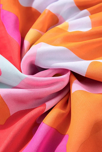 Orange - Women's abstract print chiffon mini dress featuring a V-neckline, long voluminous sleeves, and a tiered ruffled hem.