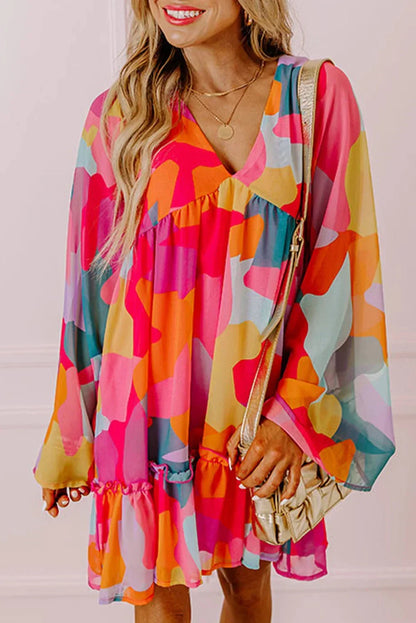 Orange - Women's abstract print chiffon mini dress featuring a V-neckline, long voluminous sleeves, and a tiered ruffled hem.