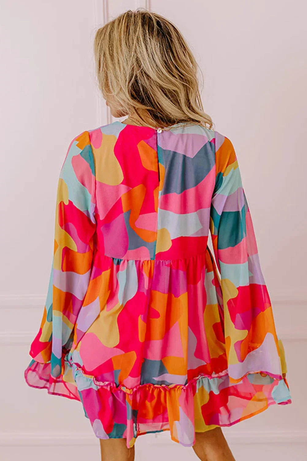 Orange - Women's abstract print chiffon mini dress featuring a V-neckline, long voluminous sleeves, and a tiered ruffled hem.